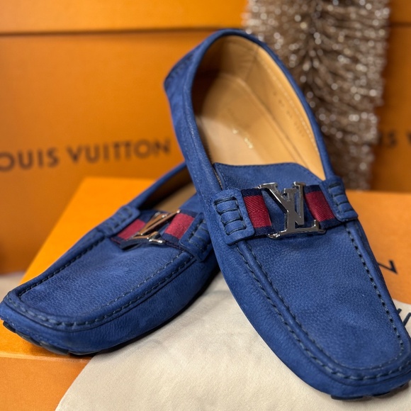 Louis Vuitton Blue Suede Driving Loafers w/ LV Buckle - Picture 1 of 6